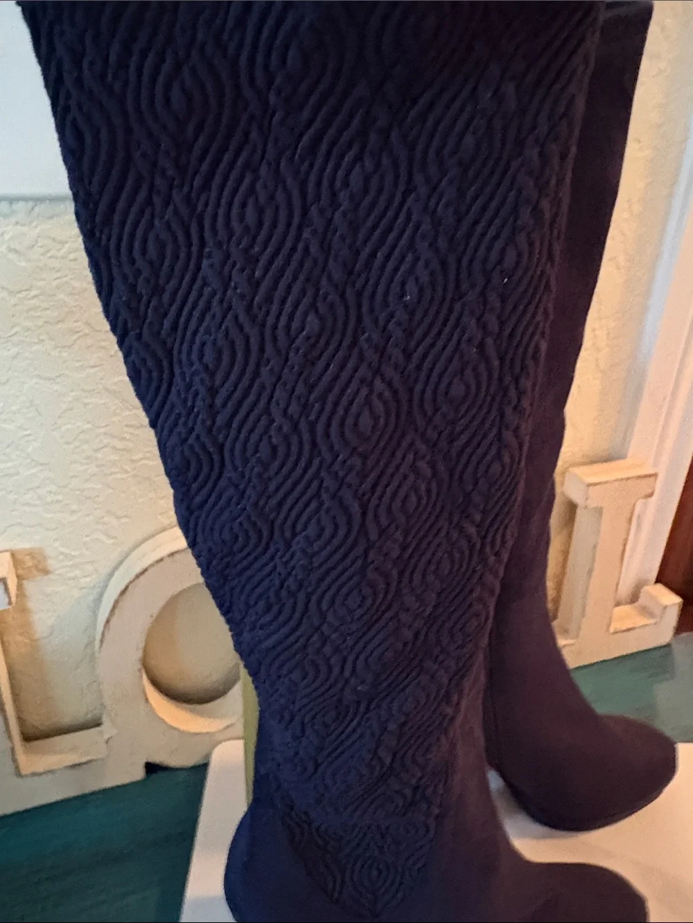 Women's Navy Knee-High Suede Heeled Boots